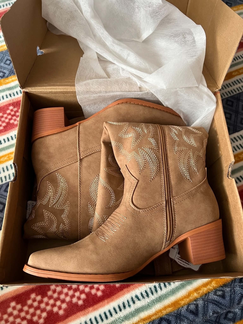 Women's Tan Suede Lace-Up Western Ankle Boots with Embroidery